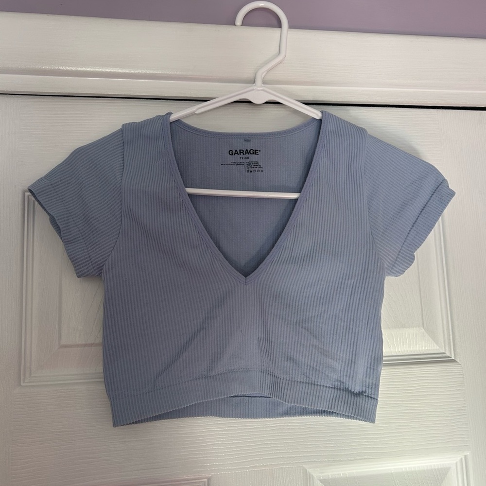 Garage Sky Blue Ribbed V-Neck Crop Top